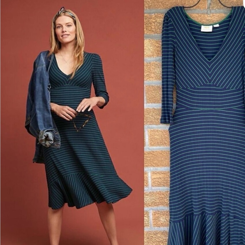 Maeve by Anthropologie Midi Stretchy Dress Womens Size Small Navy/Green Striped